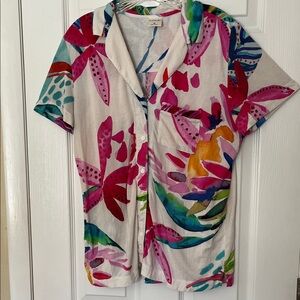 Soma pajama button top lush tropics print short sleeve notch collar pocket Med